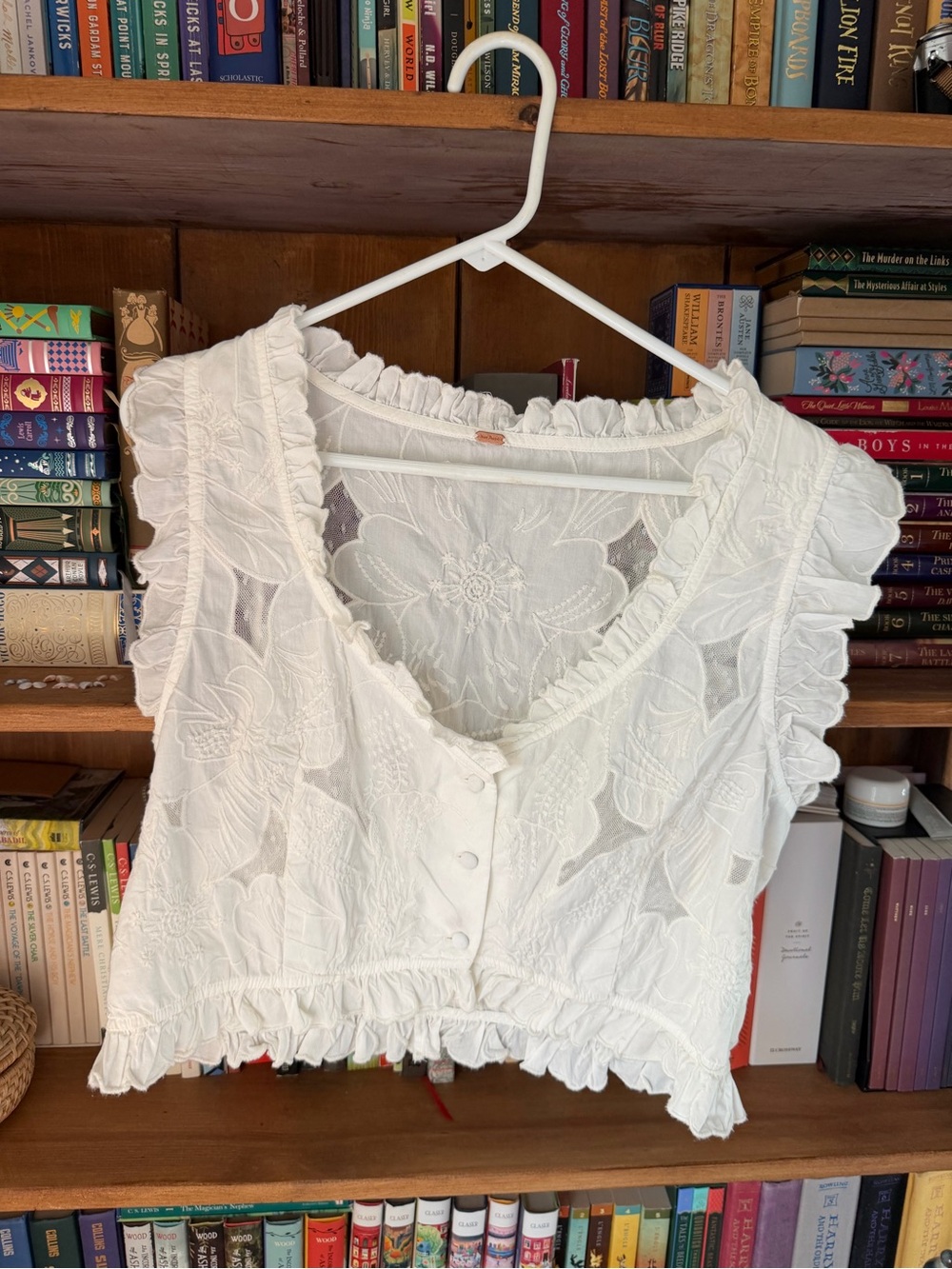 Free People White Embroidered Ruffle Tank Top
